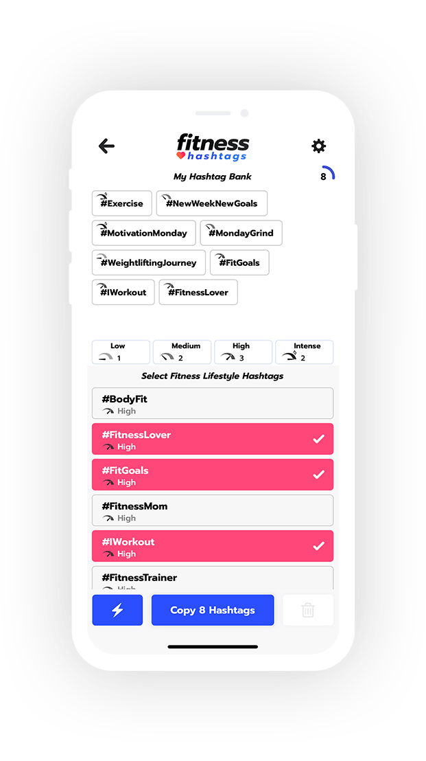 Selecting hashtags from the Fitness bank within Fitness Hashtags App.